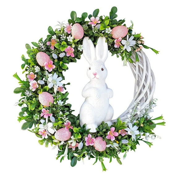 Easter Bunny Wreath with Colorful Eggs, Cute Easter Wreath for Front Door , Fake Leaves Flowers Pendant for Spring Home Wall Hanging Decor