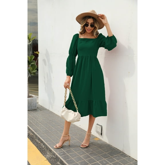 Square Neck Double Puff Long Sleeve Solid Color Dress for Women