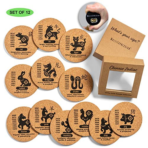 12 Pcs Chinese Zodiac Drink Coaster Set 4 Round Cork Coasters With Holder Bottle 12 Pcs Chinese Zodiac Drink Coaster Set, Outdoor Drink Coasters