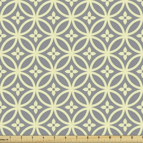 Circle Pattern Fabric by the Yard, Quatrefoil Style Flourish Ornamental Motif in Symmetry Vintage, Decorative Upholstery Fabric for Chairs & Home Accents, 2 Yards, Dimgray and Pale Yellow by Ambesonne