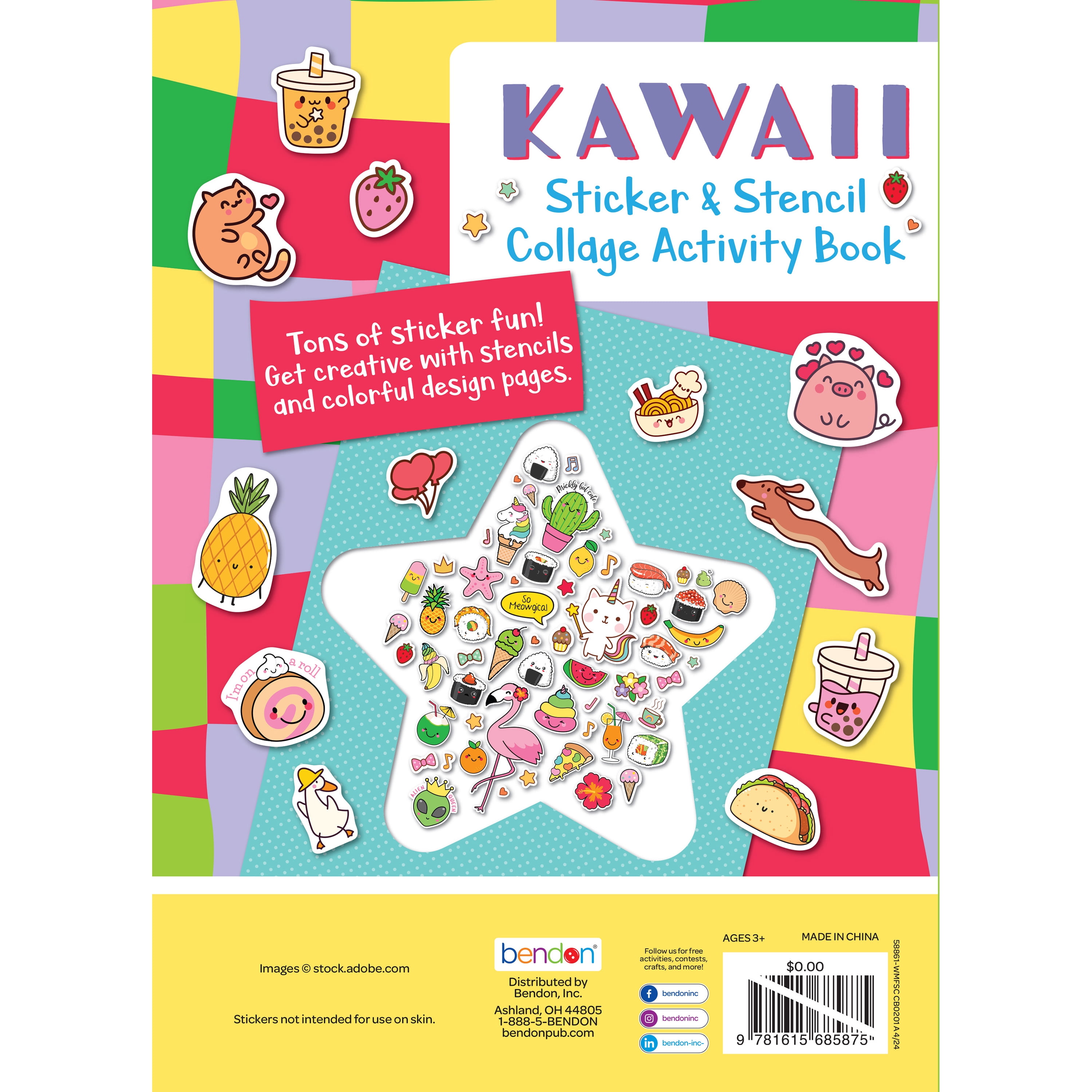 Kawaii Sticker and Stencil 20-page Picture Activity Book, by Bendon, Paperback