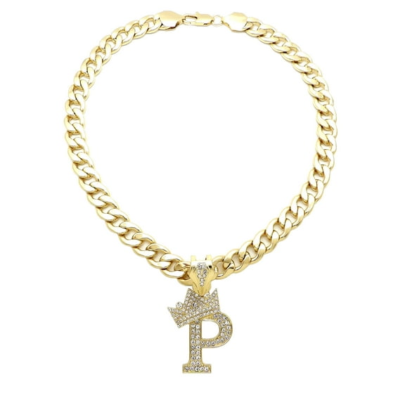 iJewelry2 Kings and Queens Crowned Initial Letter P Crystals Pendant Gold-tone Cuban Linked Chain Necklace