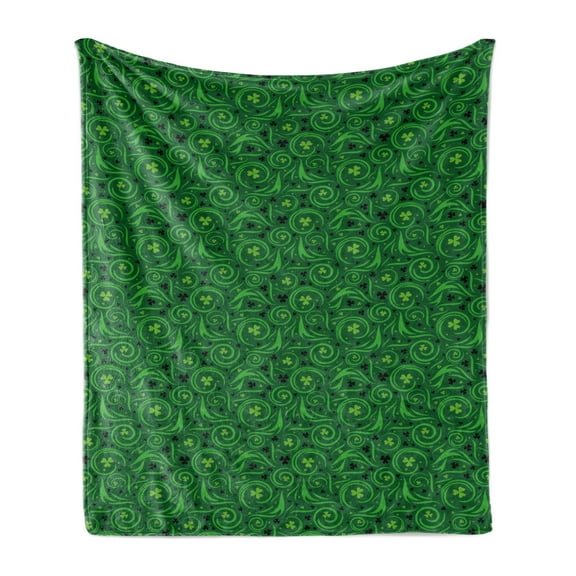 Abstract Green Soft Flannel Fleece Throw Blanket, Jumble Shamrock Themed Pattern St Patrick's Day Design, Cozy Plush for Indoor and Outdoor Use, 70" x 90", Green Emerald, by Ambesonne