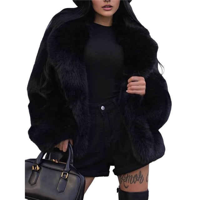 Abrigo de Piel Sintética para Mujer, Chaqueta de Piel Sintética, Chaqueta de Invierno de Larga con Solapa, Parka Corta Negro L