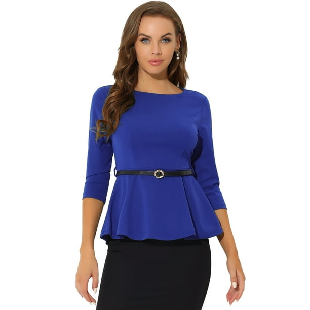 Top Peplum Allegra K elegante con cinturón de manga 3/4 y cuello redondo Azul brillante L