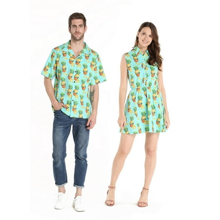 Couple Matching Hawaiian Luau Cruise Outfit Shirt Dress Halloween Pineapple Skull Men M Women S