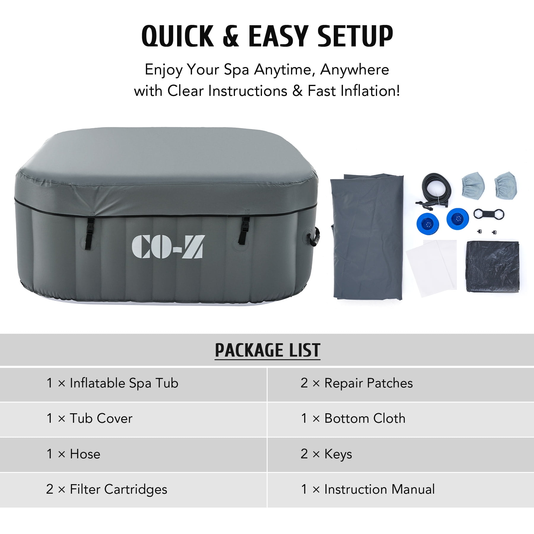 CO-Z 5ft Inflatable Hot Tub Pool with Massage Jets and All Accessories For 2-4 Person, Gray