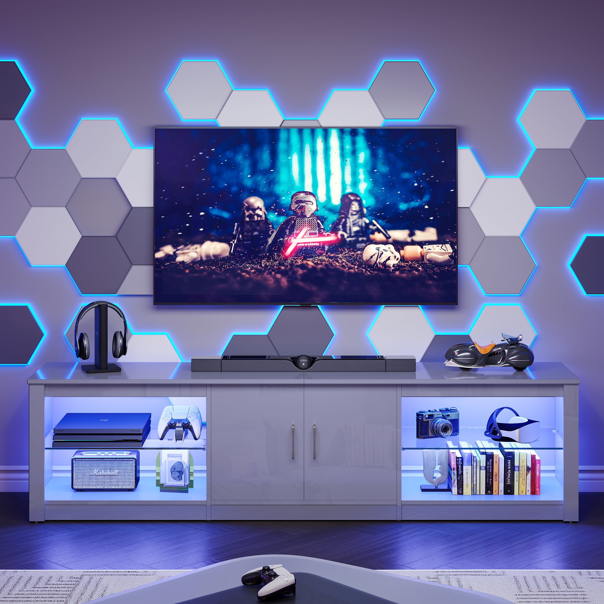 Bestier Modern TV Stand for TVs up to 75" High Gloss Entertainment Center with LED Lights & Storage Cabinet for Living Room in White