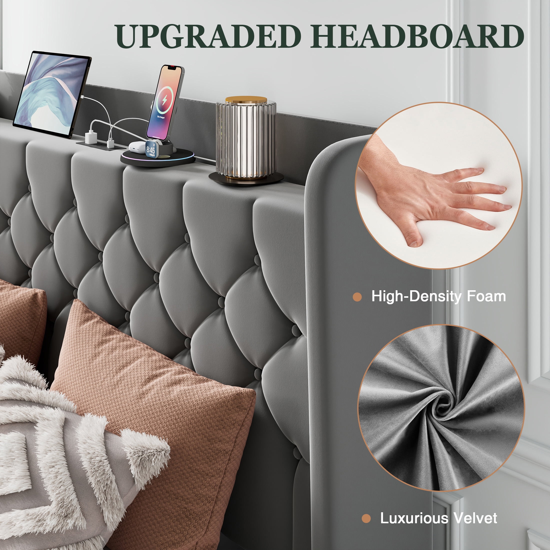 Einfach Full Bed Frame, Upholstered Platform Bed with Storage Wingback Headboard and Fast Charging Hub, No Box Spring Required, Gray