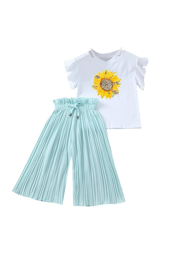 Girl's Outfits Sunflower Print Flounce Sleeve T-Shirt Chiffon Pleated Pants Set, Sizes 3-12