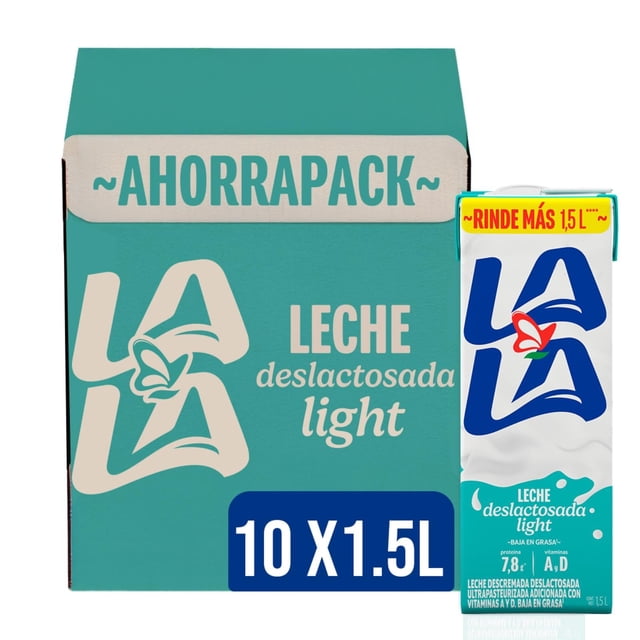 Leche Lala Deslactosada Light, Pack de 10 piezas por 1.5 L c/u. Baja en Grasa y de Fácil Digestión. Adicionada con Vitaminas A y D, sin Sellos ni Leyendas y sin Conservadores. 10