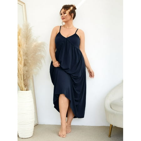 

Navy Blue Casual Women s Plus Solid Cami Night Dress 5XL(22) Y22001D