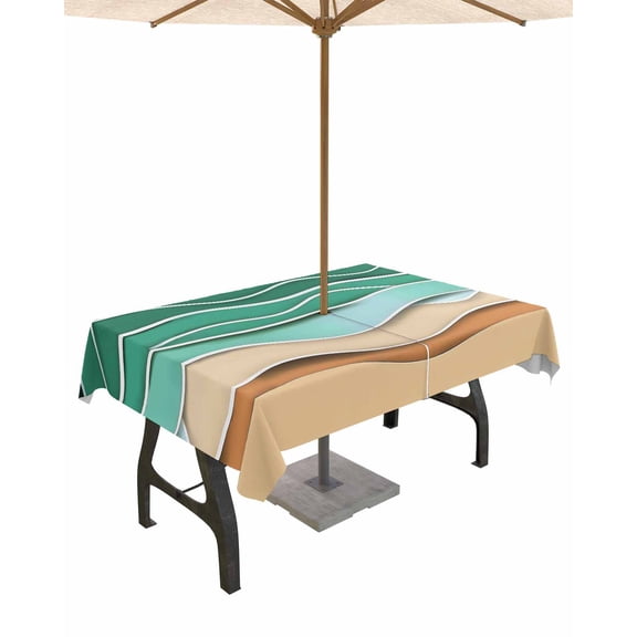Outdoor Tablecloth with Umbrella Hole for Patio/Picnic/Party/Camping, Green Beach Waterproof Table Cloth Rectangle Table Cover Washable, Abstract Stripes Gradient Ocean Brown Sand 54"x 80"