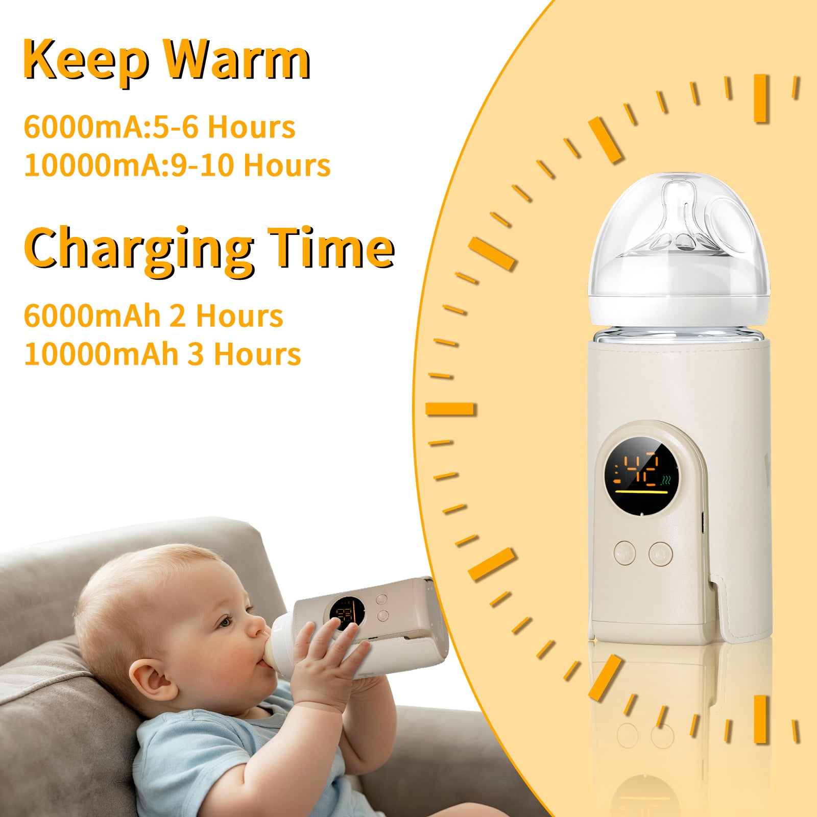 YESGIRL Upgrade Portable Bottle Warmer for Travel,6 Temp Milk Warmer with Smart Temperature Control & Night Light,Rapid Warming,Long-Lasting Warming up to 5-8H,for Breast Milk,6000mAh