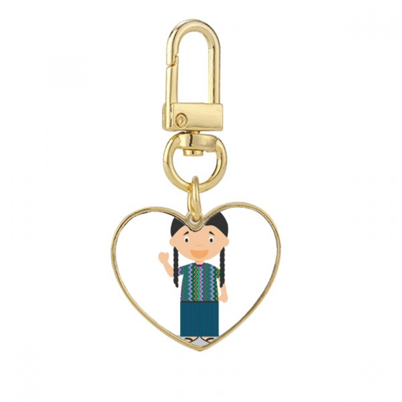 Long Pigtail Guatemala Cartoon Gold Heart Keychain Metal Keyring Holder