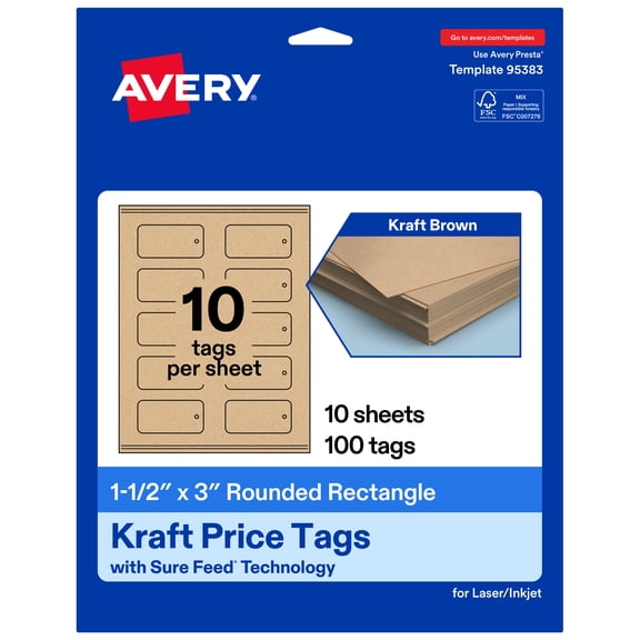 Avery Rounded Price Tags, 1-1/2" x 3", Kraft Brown, 100 Total