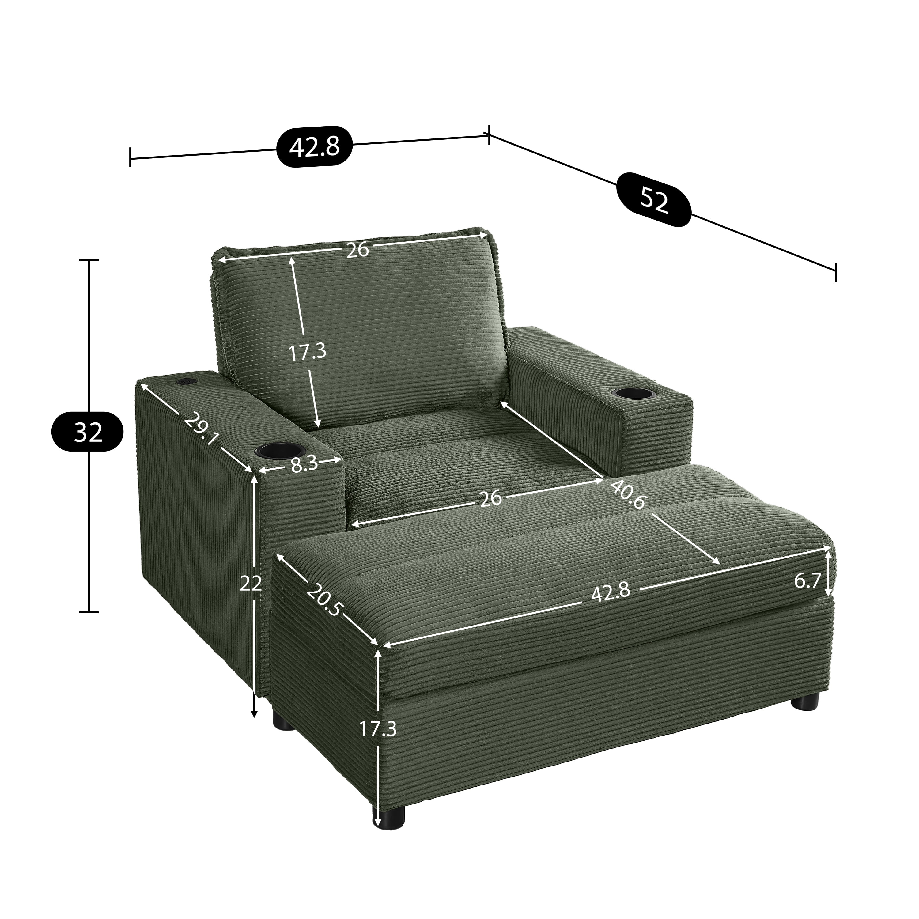 Chaise Lounge Chair, Oversized Sofa Bed with Storage Ottoman and Built-in USB Charging Port, Corduroy Upholstered Sleeper with Dual Cup Holders and Deep Seat, Reading Couch, Green