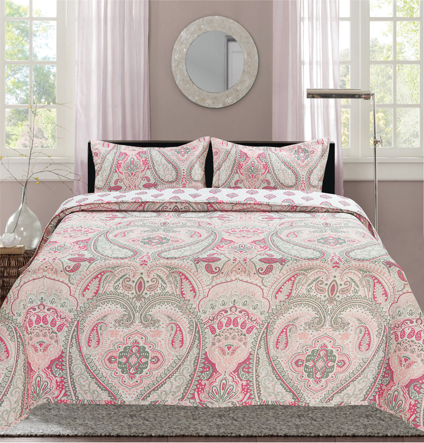 Premius Paisley Printed Reversible Quilt Set, Pink, Twin