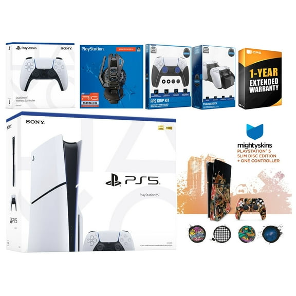 Sony Playstation 5 Slim Disc with Extra White Controller, Plantronics Headset, FPS Grip Kit, Charge Dock and MightySkins Decal Voucher   1 Year CPS Extended Warranty