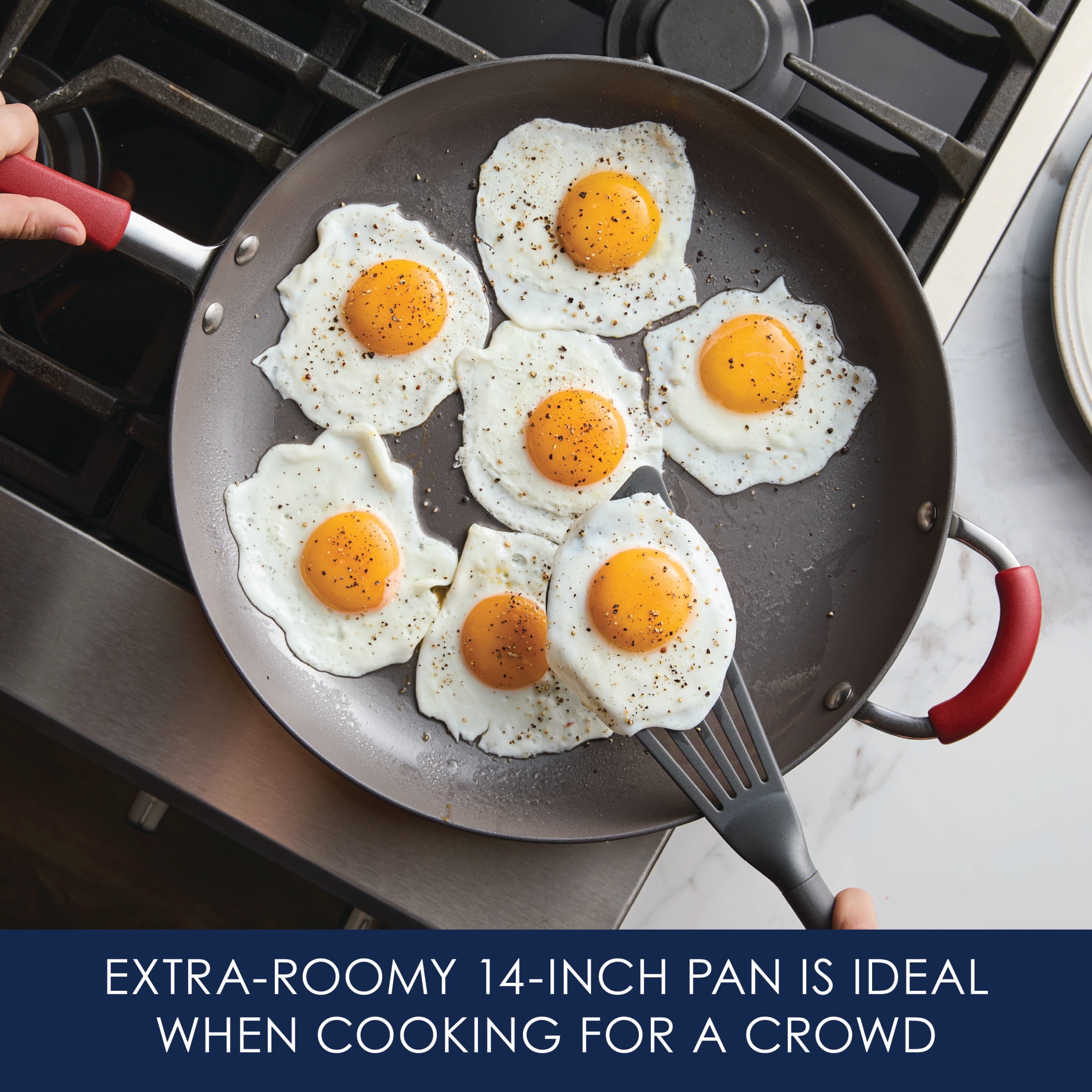 Rachael Ray Cucina Hard Anodized Nonstick Frying Pan with Helper Handle, 14-Inch, Gray/Cranberry Red