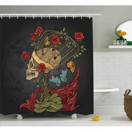 Mexican Bush - Skull Shower Curtain, Evil Mexican Sugar Skeleton with Kitsch Bush of Roses Snake and Butterfly Artwork, Fabric Bathroom Set with Hooks, 69W X 70L Inches, Ruby Dark Grey, by Ambesonne