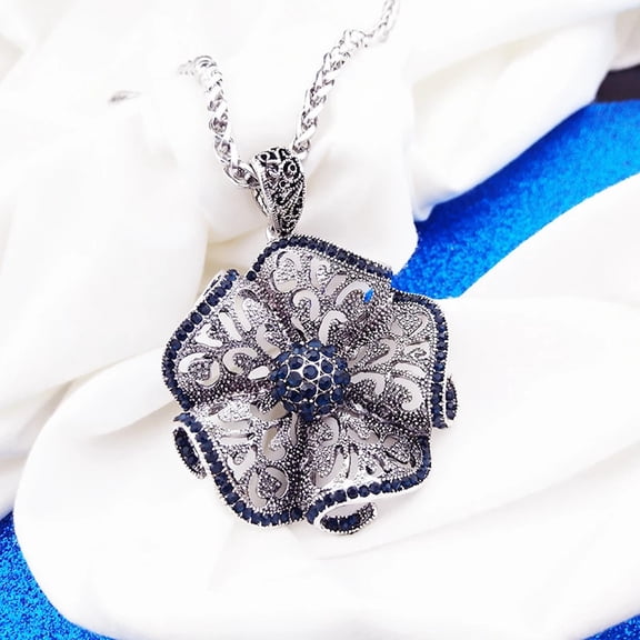 Big Flower Pendant Silver Blue Crystal Long Sweater Necklace For Women Fashion Jewelry
