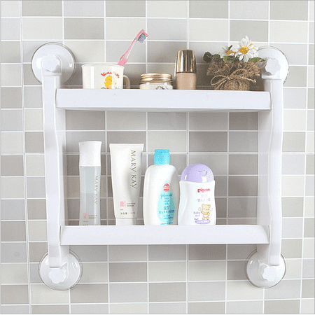 Small End Mount Shower Riser Shower Storage Shelf,YMIKO Bathroom Kitchen Double Tiers Strong Suction Cup Rack Wall Mount Storage Shelf Organizer ()