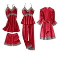 thumbnail image 3 of MGDXOX Silk Pajamas for Women 5Pcs Sleepwear Loungewear Satin Robe Chemise Cami Top Long Pants Shorts Pj Set Nightgown Red XXL, 3 of 4