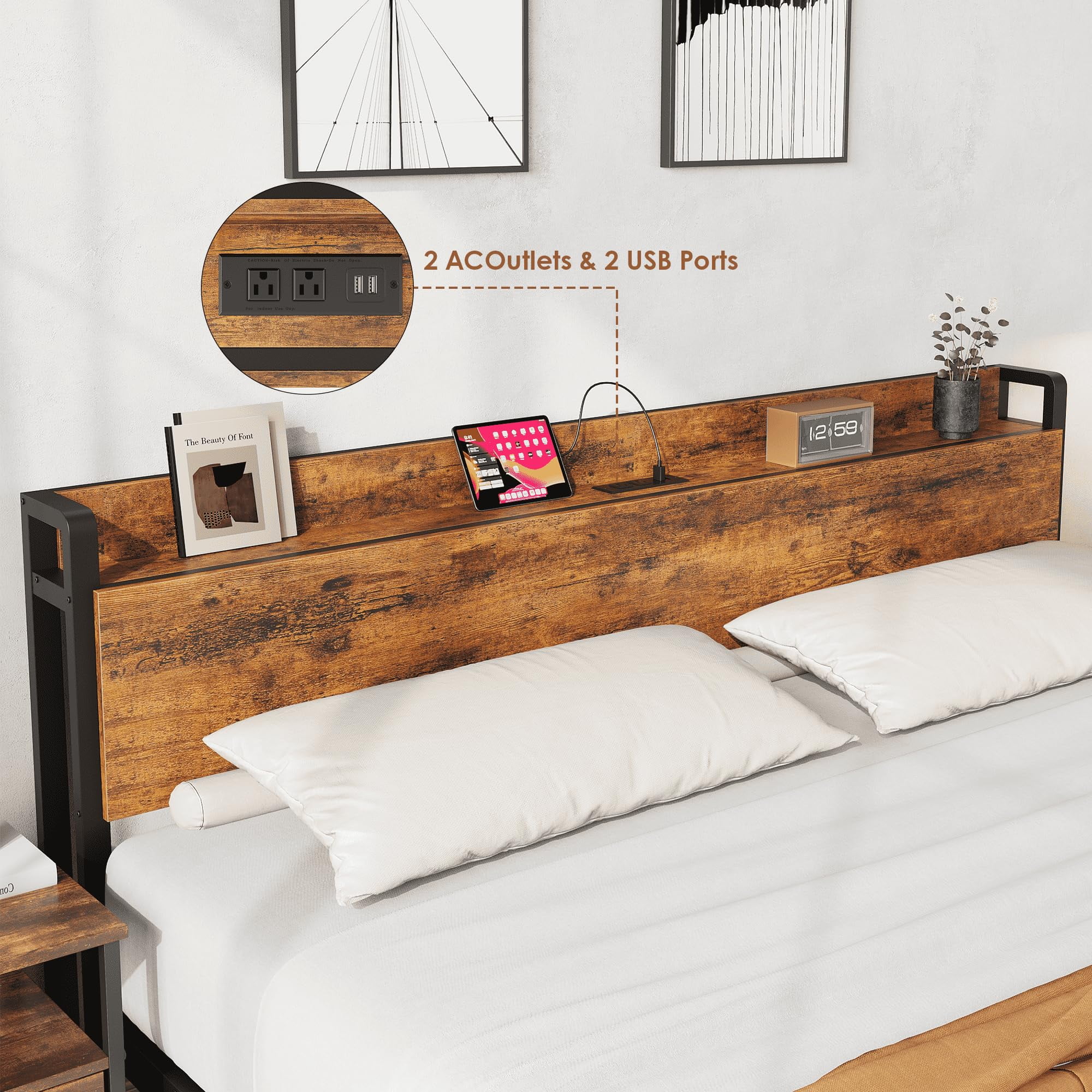 King Size Bed Frame with Storage Headboard, Industrial King Bed Platform with Charging Station and USB Ports, No Box Spring Needed Easy Assemble Mattress Foundation - Rustic Brown