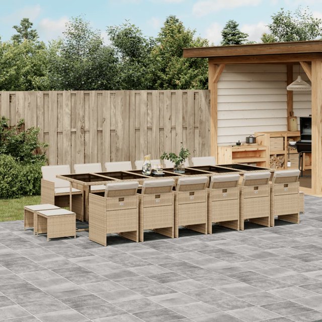 vidaXL 17 Piece Garden Dining Set with Cushions Beige Poly Rattan