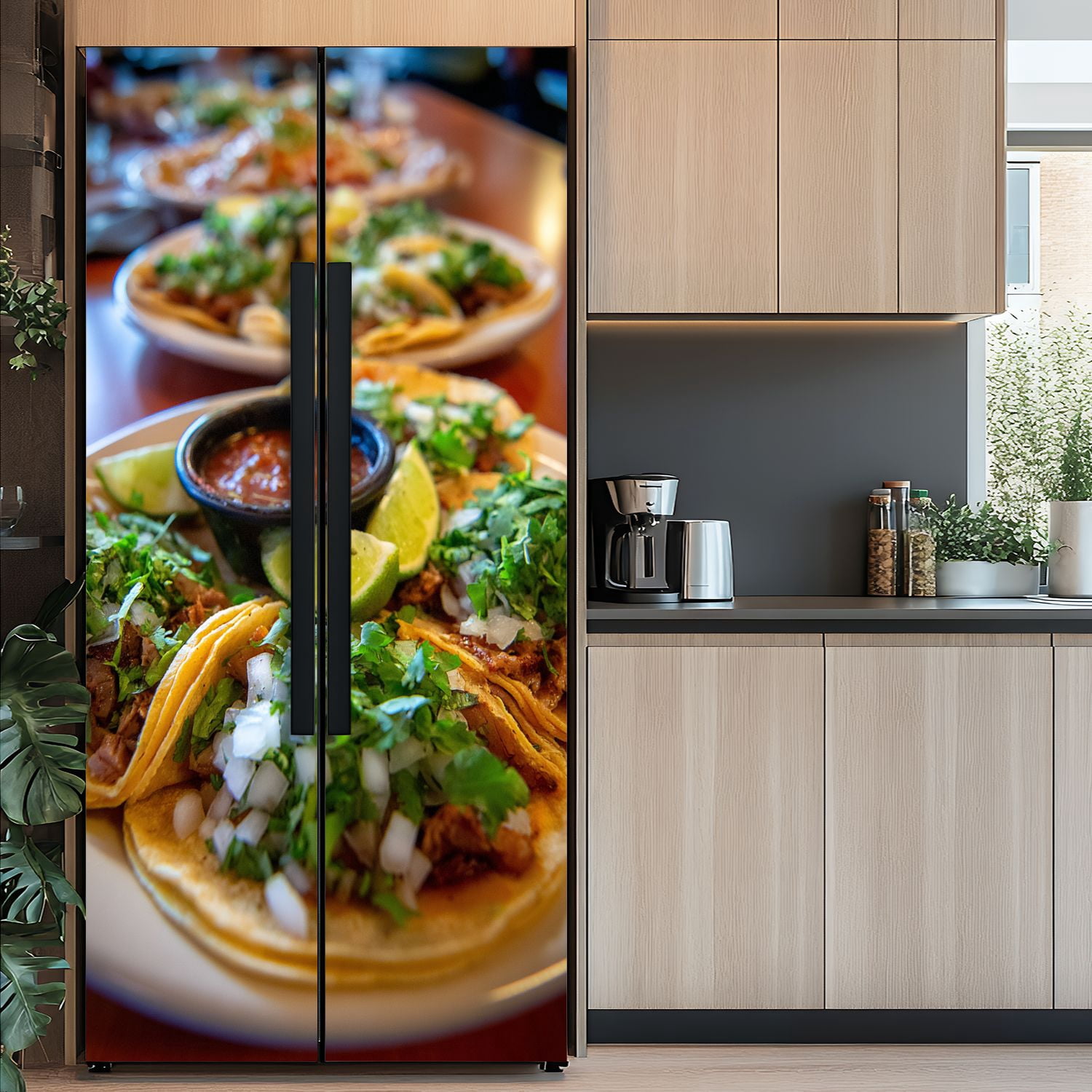 Self Adhesive Vinyl Refrigerator Wrap Set Mexican tacos restaurant tacos Door Mural Removable Fridge Sticker Peel and Stick&nbsp;Full Door Cover Decal Kitchen Bar Decor