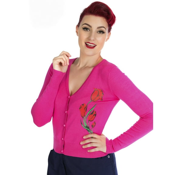 Pink Rose Print Crew Neck Button Cardigan Sweater - S to XL 