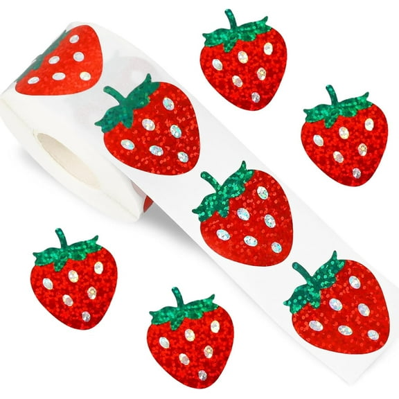 Strawberry Stickers Roll Glitter Red Berry Self-Adhesive Decals 1in 500 Pcs