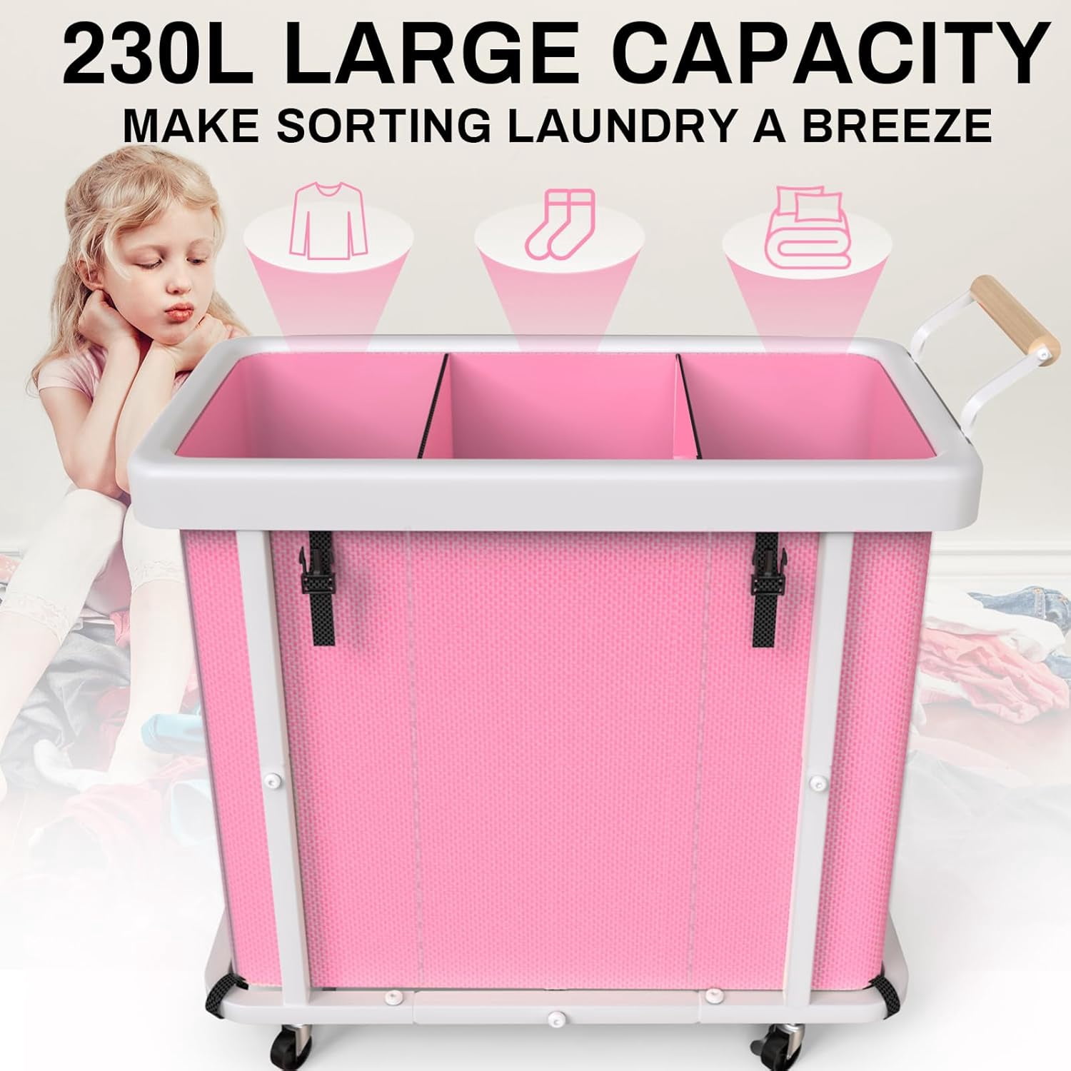 230L (60 Gal) Extra Large Fashion Laundry Sorter 3 Section with Lid, Rolling Laundry Basket Hamper with Handle, Laundry Organizer Storage Cart with Sturdy Metal Frame for Laundry Room, Hotel, Pink