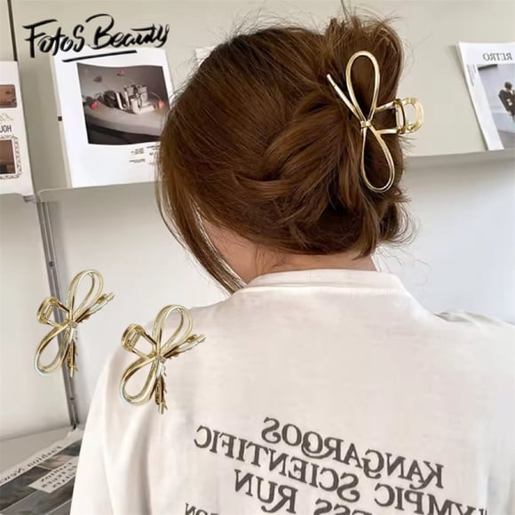 Fofosbeauty 2 Pcs Pinces à Cheveux pour Femmes Filles, Pinces Griffes en Métal Antidérapantes avec Nœud Papillon, Pinces Mâchoires Parfaites pour Cheveux Fins et Épais, Accessoires de Coiffure Mode, Or