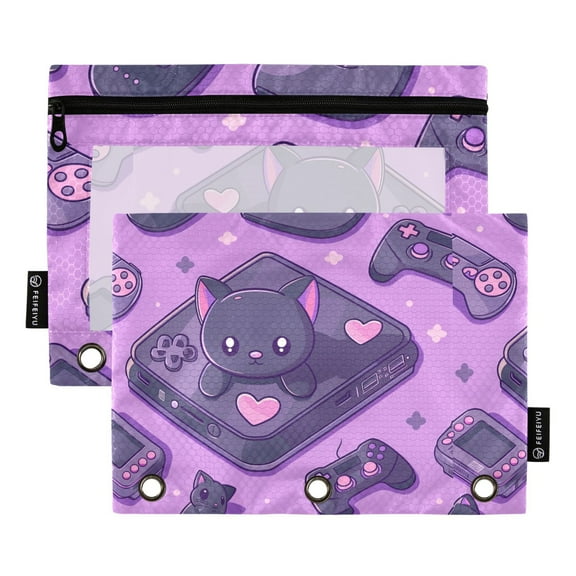 Funny Cat and Game Console 2 Pack Pencil Pouch for 3 Ring Binder Smooth Zipper Folders with Pockets Clear Window Pencil Case
