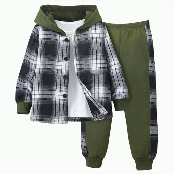 Gerichy Toddler Baby Boy Clothes Boys Clothes 3T 4T 5T 6T 7T 2 Piece Baby Boys Outfits Plaid Hooded Toddler Boys Top Pants Set
