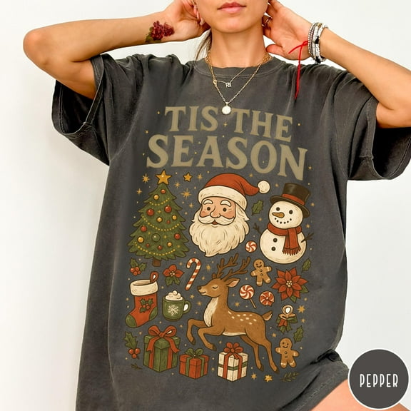 Tis the Season Vintage Christmas Graphic Print T-Shirt | Santa, Reindeer & Tree Design | Pepper Tee