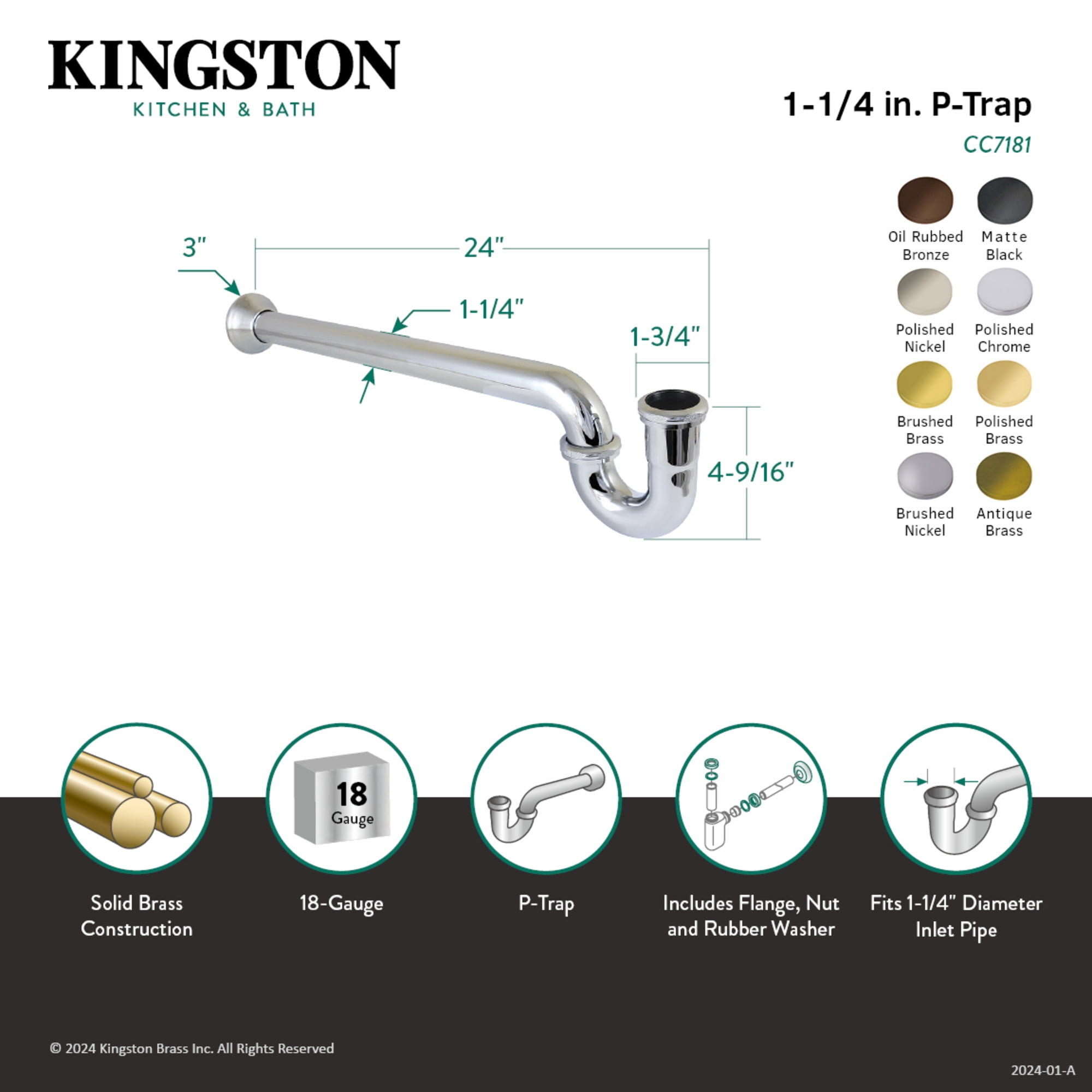 Kingston Brass CC7185 1-1/4" P-Trap with Bell Flange, 24" Length, 18 Gauge, Oil Rubbed Bronze