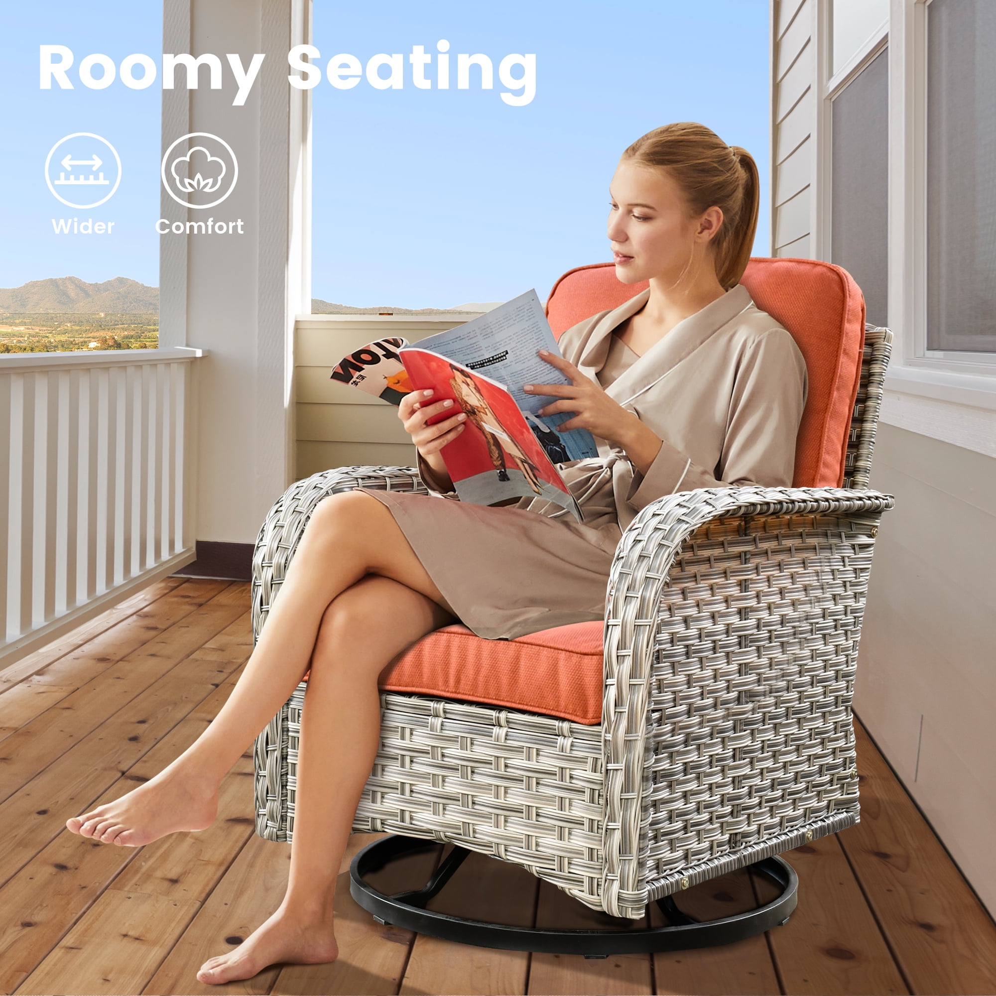 XIZZI 3-Piece Patio Furniture Set High Back Patio Conversation Chairs Set Outdoor Swivel Glider Rocker Chairs Wicker Outdoor Rocking Swivel Chairs with Side Table for Porch, Coarse Orange Red