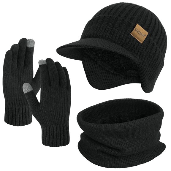 KOITHOT 3 Pcs Winter Beanie Hat with Brim and Ear Flaps Knitted Line Neck Warmer Touchscreen Gloves Set for Men Black