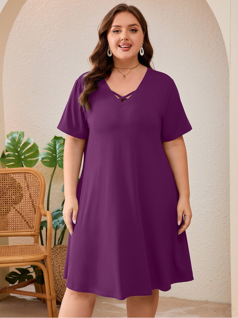 Showmall Plus Size Short Sleeve Summer Dress for Women, Trendy Cross Strappy Neckline Dress with Pockets, Purple 2X Lightweight Vacation Beach Dress