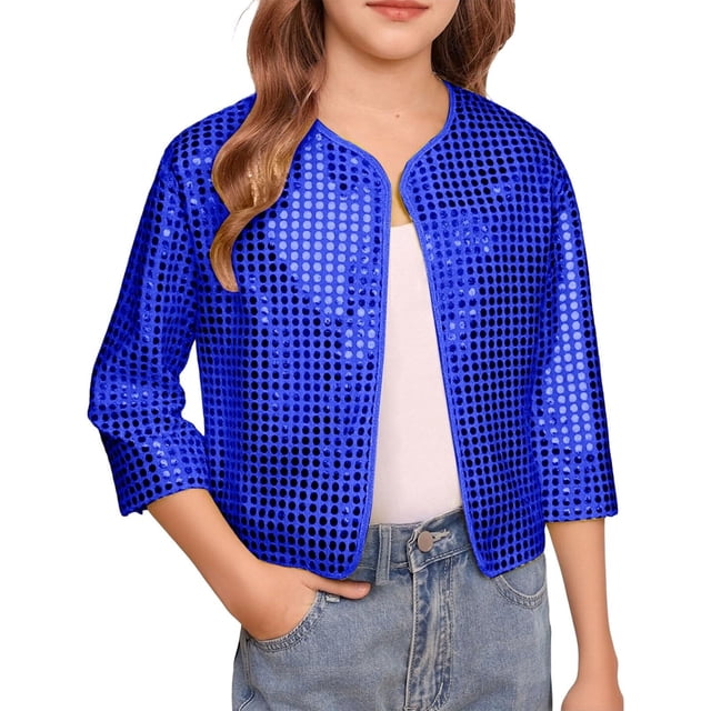 Girls Carnival Cheerleader Sparkly Stage Performance Jacket Open Front Cardigan with Sequins Polka Design