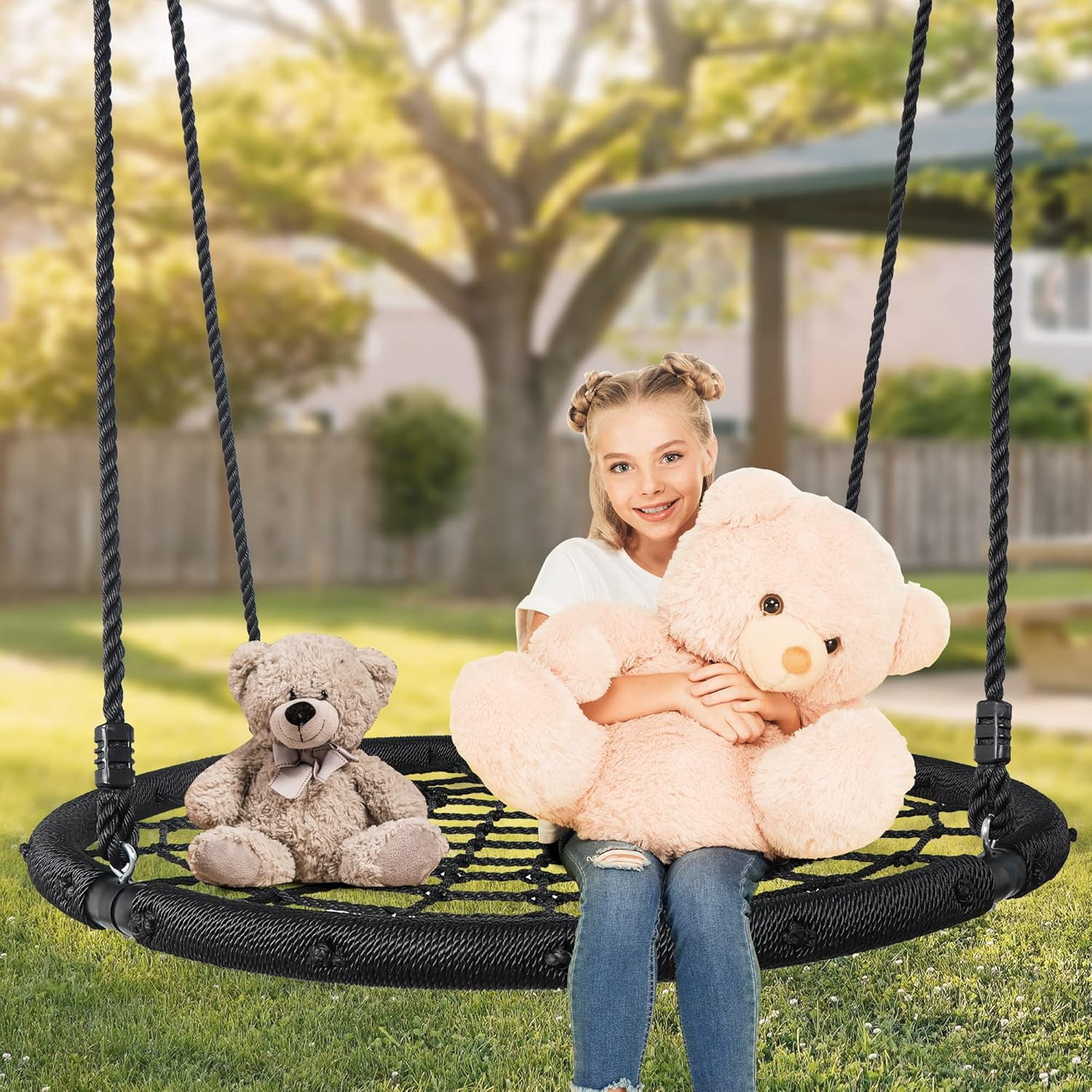 Largest 48" Spider Web Swing Set for Tree 700lbs Extra Large Platform Net Swing 71inch Adjustable Hanging Ropes - Attaches to Trees or Existing Swing Frame for Multiple Kids or Adult Black
