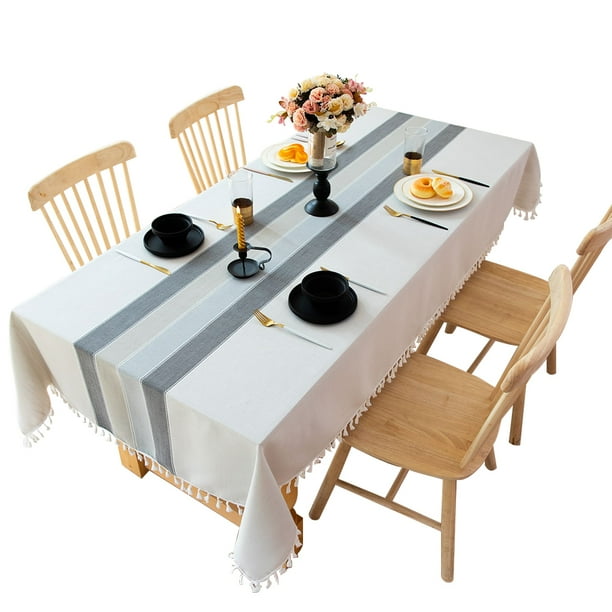 Inicio Mantel de mesa de comedor Mesa de té de café Cubierta de borla de rayas decorativas Lino de algodón, 140x260cm Speravity HA9062-03B