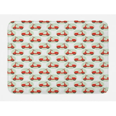 Motorcycle Bath Mat, Cartoon Scooters Pattern with Pastel Circles Background Doodle, Plush Bathroom Decor Mat with Non Slip Backing, 29.5" X 17.5", Pale Green Vermilion, by Ambesonne