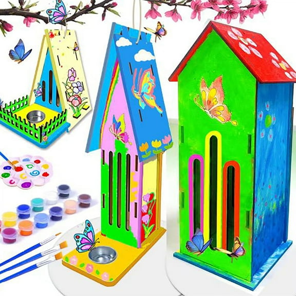Beautysureup 3 Pcs Butterfly Habitat with Feeders, Wooden Ladybird Monarch Caterpillars Garden Kit, Diy Painted Wood Hanging Butterflies Ladybugs House Kit, Great Outdoor Garden Gift & Decor