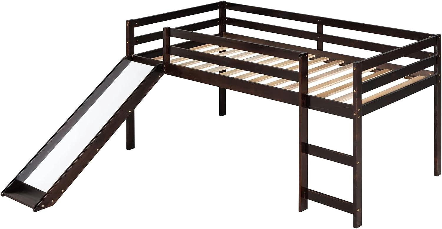 DEALTOPS 79.5'' Twin Size Junior Wood Loft Bed, Loft Bunk Bed Frame with Slide, Black