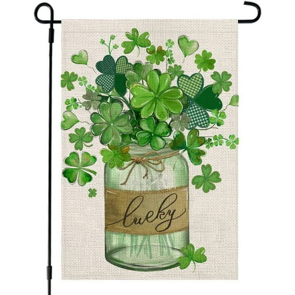 Shmbada St Patricks Day Shamrocks Mason Jar Garden Flag 12x18 Inch Double Sided for Outside Small Burlap Green Clovers Lucky Welcome Yard Holiday Flag