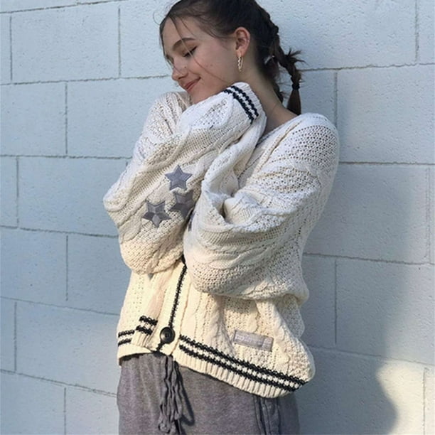 Cárdigans de punto sueltos para mujer, abrigo bordado de estrellas, suéteres Y2K, ropa de calle Vintage, Top de manga larga informal de un solo pecho, Invierno